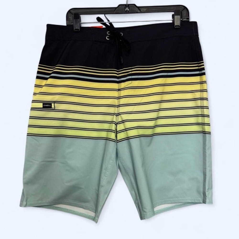NWT O'Neill Boardshort Sz 34 Black Yellow Stripe Surf Gorpcore Beach Summer Swim